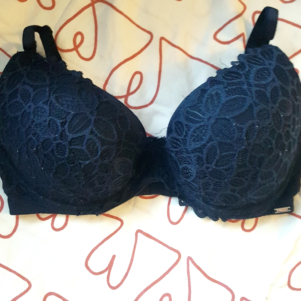 Pink Victoria Secret date light push up navy blue lace bra size 34 DD